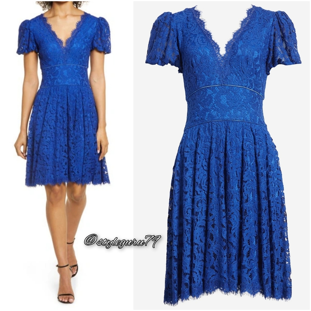 NWT, SHO by Tadashi Shoji, Britt Puff Sleeves Lace V-Neck Dress